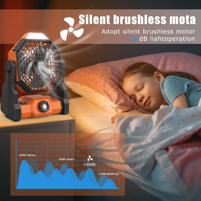 VoVoDeal X30 Outdoor Portable Fan, 10, 000mAh Rechargeable Camping Fan with Stepless Speed Regulation & 3-Mode LED Lantern, Fall-Resistant Brushless Motor Quiet Fan for Tent, Jobsite & Travel Orange-6