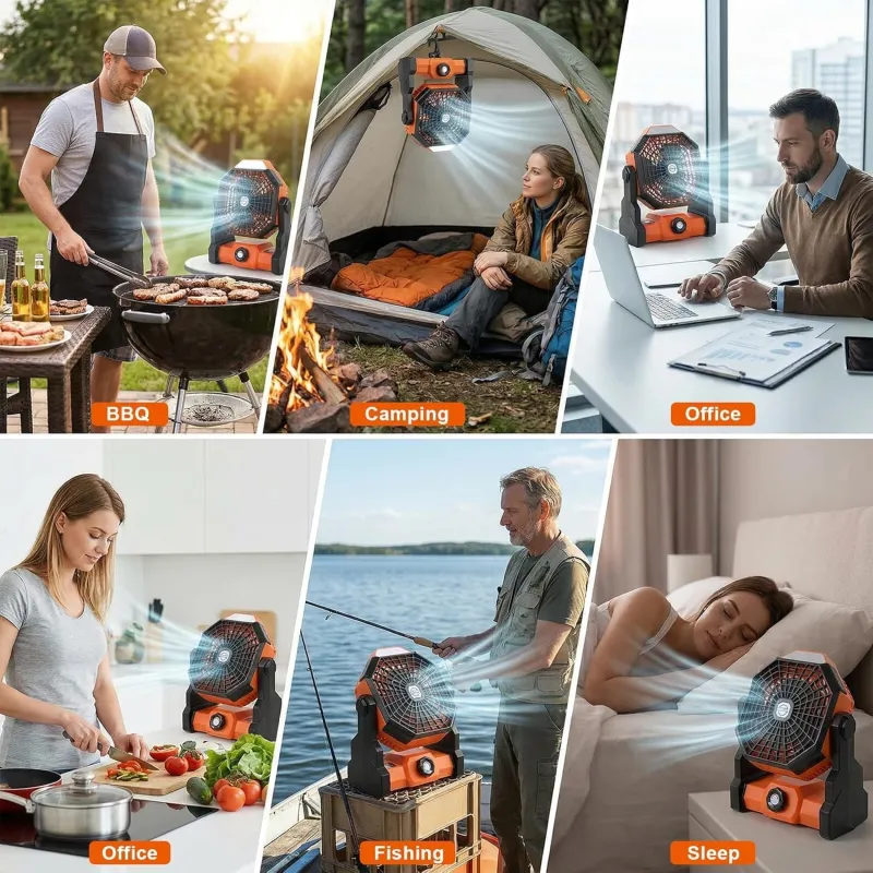 VoVoDeal X30 Outdoor Portable Fan, 4500mAh Rechargeable Camping Fan with Stepless Speed Regulation & 3-Mode LED Lantern, Fall-Resistant Brushless Motor Quiet Fan for Tent, Jobsite & Travel Orange-8