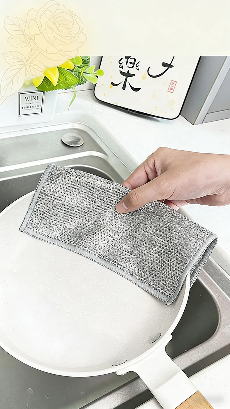 (Pack of 5), Steel Wire Dishwashing Rags for Wet and Dry Stainless Steel Scrubber Non-Scratch Wire Dishcloth for Washing Dishes Sinks Counters Silver-1