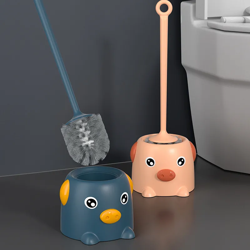 Pig-shaped toilet brush set, no dead ends, long-handled cleaning brush with base. Pink-3