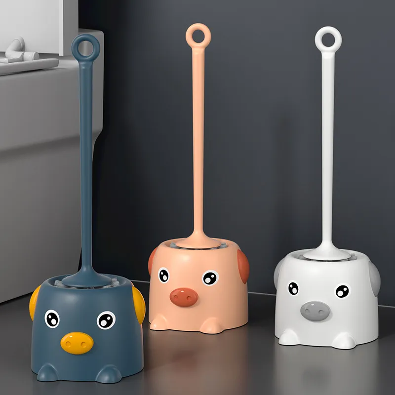 Pig-shaped toilet brush set, no dead ends, long-handled cleaning brush with base. Pink-5