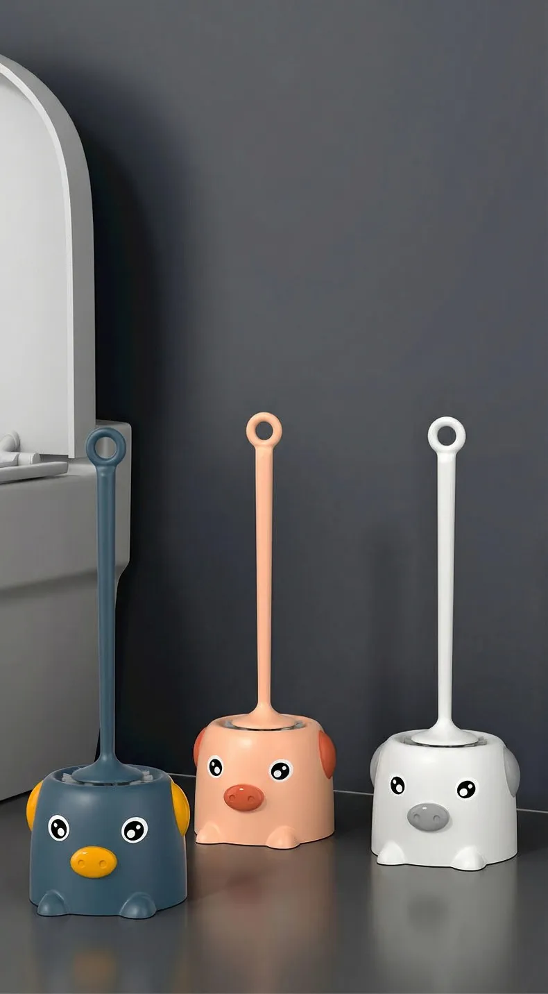 Pig-shaped toilet brush set, no dead ends, long-handled cleaning brush with base. Pink-1