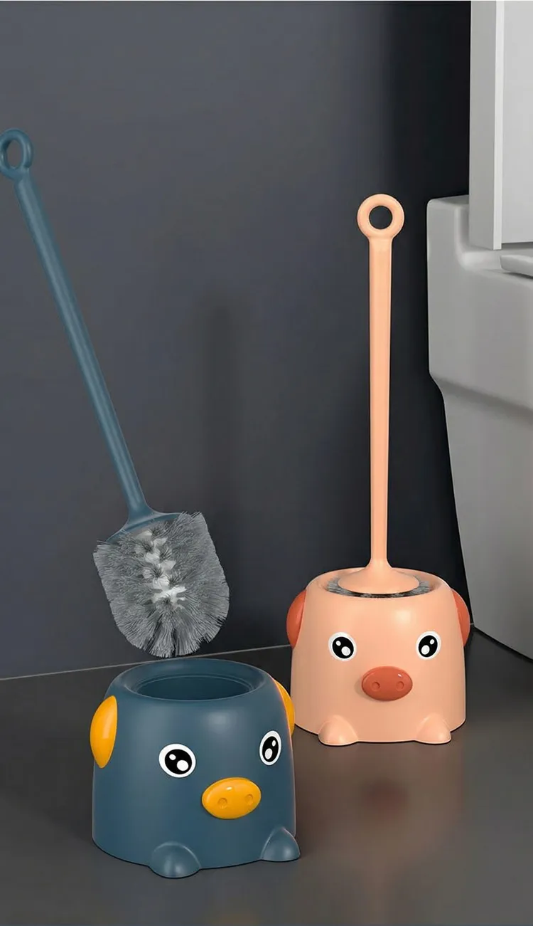Pig-shaped toilet brush set, no dead ends, long-handled cleaning brush with base. Pink-4