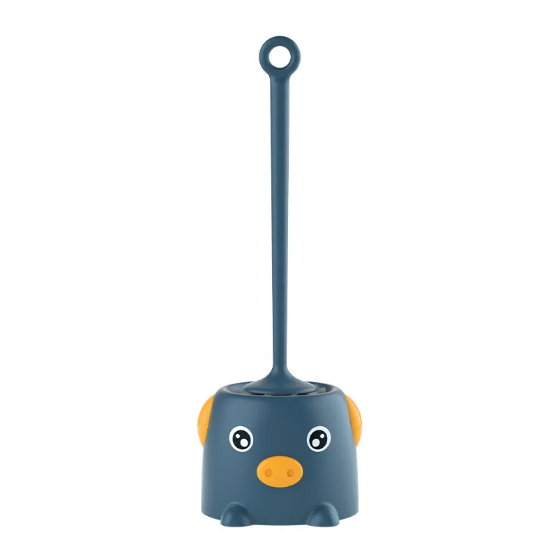 Pig-shaped toilet brush set, no dead ends, long-handled cleaning brush with base. Blue