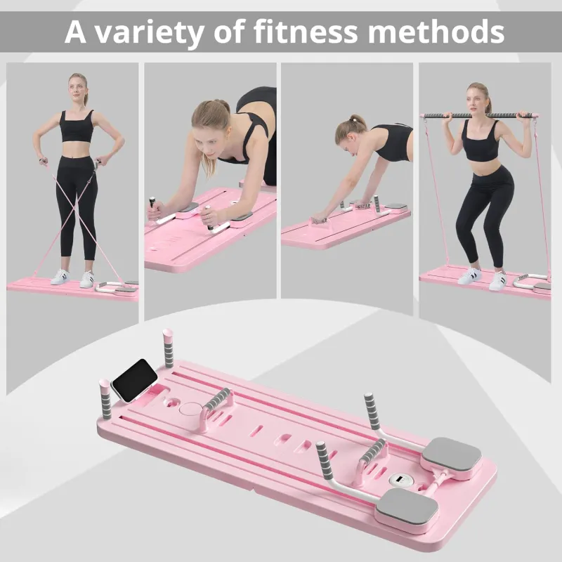 Foldable Pilates Board, Portable Abs Machine, Full Body Exercise Equipment for Home, Pilates Reformer with Elbow Support, with Resistance Bands＆Ab Mat＆Push Up Bar Pink-3