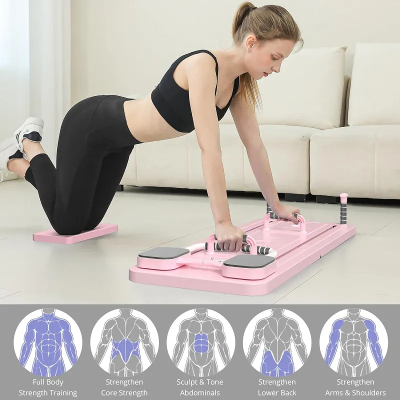 Foldable Pilates Board, Portable Abs Machine, Full Body Exercise Equipment for Home, Pilates Reformer with Elbow Support, with Resistance Bands＆Ab Mat＆Push Up Bar Pink-4