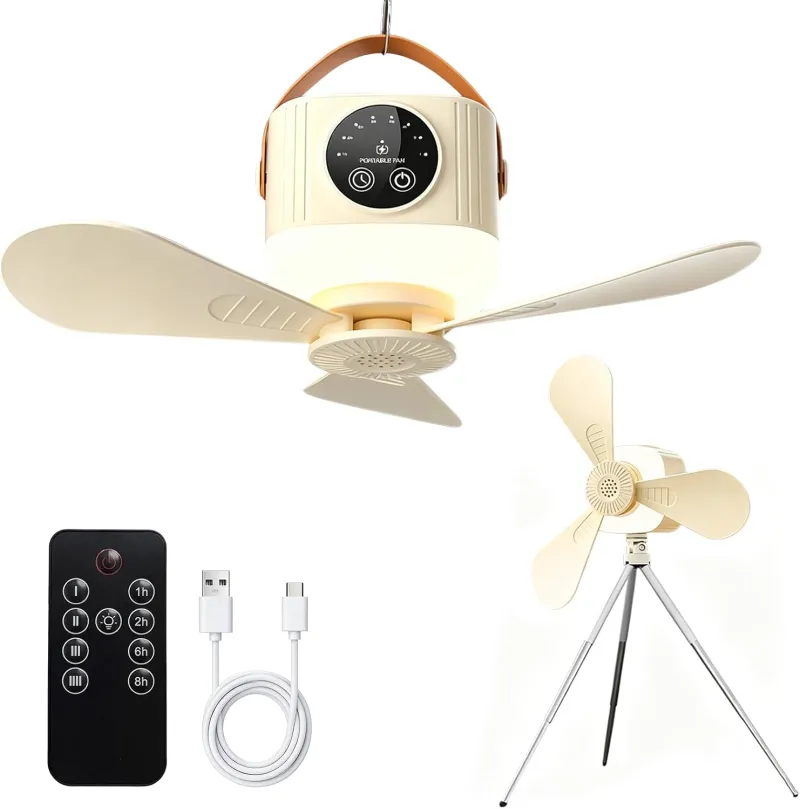 VoVoDeal D01 Portable Ceiling Fan with Remote Control, 7200mAh Rechargeable Camping Fan with LED Night Light & 8H Timer, 4 Speeds Battery Operated Hanging Fan for Tent, RV, Home & Office