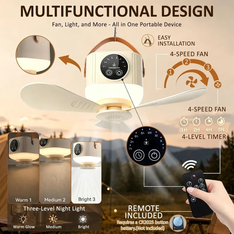VoVoDeal D01 Portable Ceiling Fan with Remote Control, 7200mAh Rechargeable Camping Fan with LED Night Light & 8H Timer, 4 Speeds Battery Operated Hanging Fan for Tent, RV, Home & Office White-2