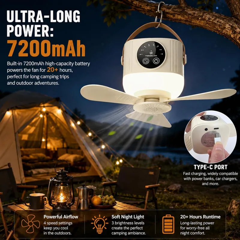 VoVoDeal D01 Portable Ceiling Fan with Remote Control, 7200mAh Rechargeable Camping Fan with LED Night Light & 8H Timer, 4 Speeds Battery Operated Hanging Fan for Tent, RV, Home & Office White-3