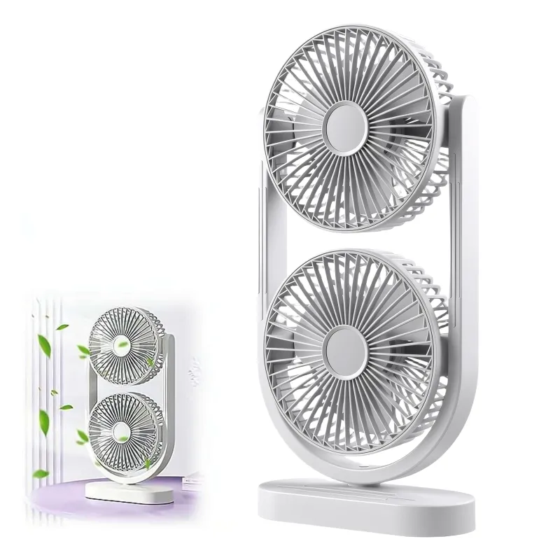 2-in-1 Rechargeable Double Desk Fan with Blue & White LED Light, 2400mAh Portable USB Table Fan, 5-Speed Adjustable Dual-Blade Cooling Fan for Home & Office