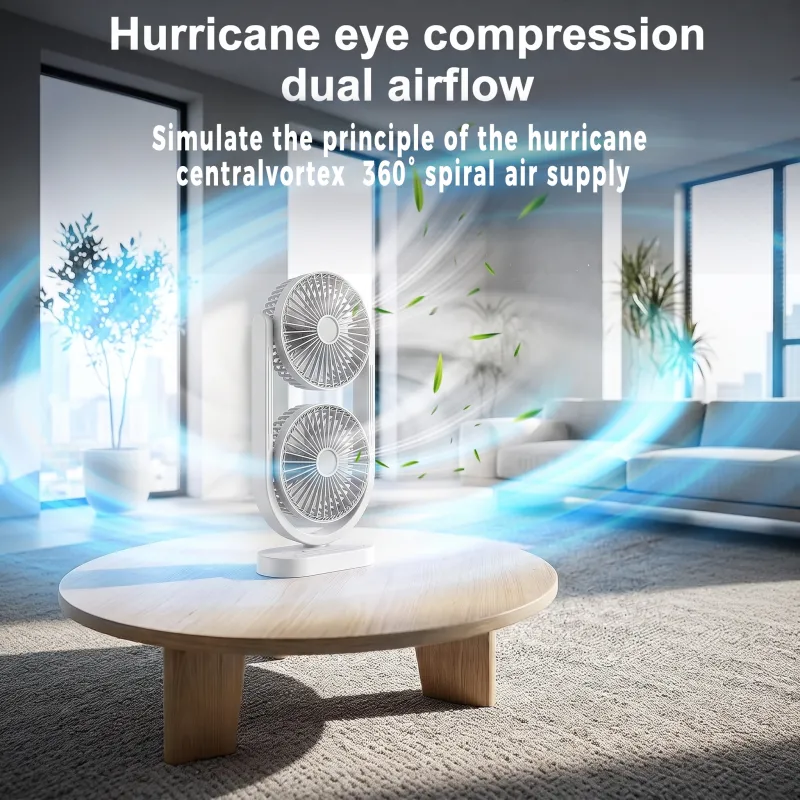 2-in-1 Rechargeable Double Desk Fan with Blue & White LED Light, 2400mAh Portable USB Table Fan, 5-Speed Adjustable Dual-Blade Cooling Fan for Home & Office White-2