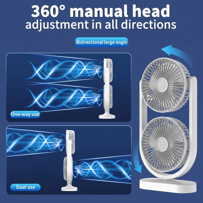 2-in-1 Rechargeable Double Desk Fan with Blue & White LED Light, 2400mAh Portable USB Table Fan, 5-Speed Adjustable Dual-Blade Cooling Fan for Home & Office White-3