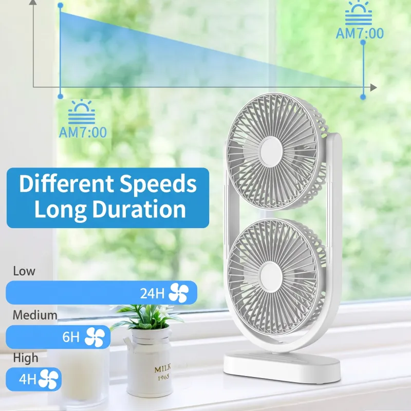 2-in-1 Rechargeable Double Desk Fan with Blue & White LED Light, 2400mAh Portable USB Table Fan, 5-Speed Adjustable Dual-Blade Cooling Fan for Home & Office White-4