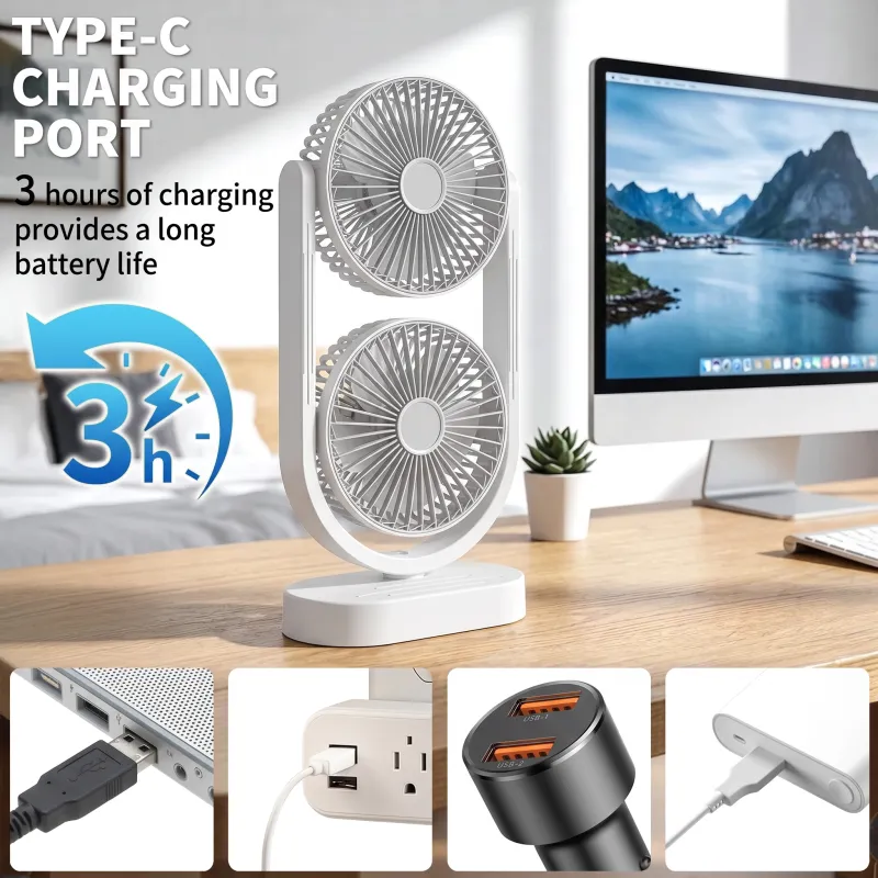 2-in-1 Rechargeable Double Desk Fan with Blue & White LED Light, 2400mAh Portable USB Table Fan, 5-Speed Adjustable Dual-Blade Cooling Fan for Home & Office White-6