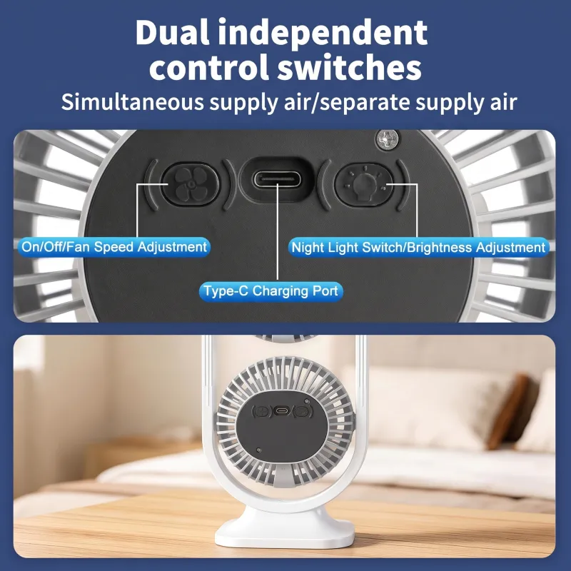 2-in-1 Rechargeable Double Desk Fan with Blue & White LED Light, 2400mAh Portable USB Table Fan, 5-Speed Adjustable Dual-Blade Cooling Fan for Home & Office White-7