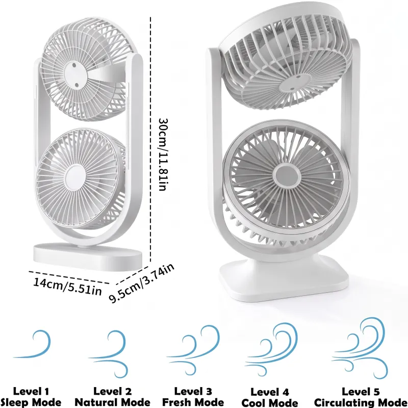 2-in-1 Rechargeable Double Desk Fan with Blue & White LED Light, 2400mAh Portable USB Table Fan, 5-Speed Adjustable Dual-Blade Cooling Fan for Home & Office White-8