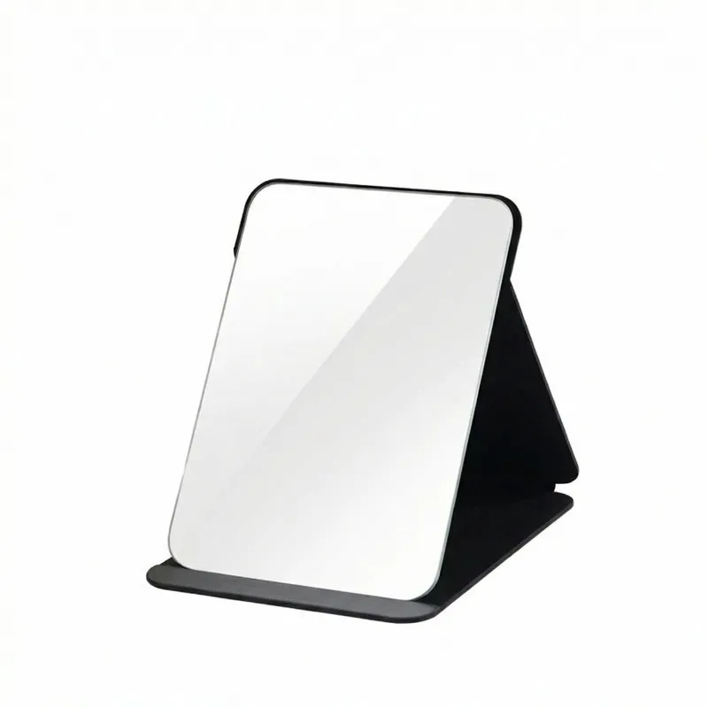 Portable Folding Makeup Mirror with Stand, Adjustable Angle, Travel Vanity Mirror, Frameless PU Leather, Round Edge Corner, Purse