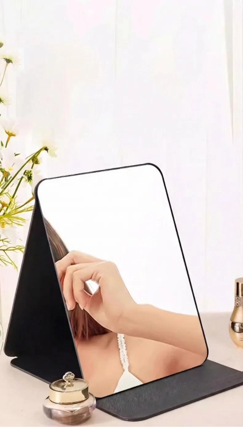 Portable Folding Makeup Mirror with Stand, Adjustable Angle, Travel Vanity Mirror, Frameless PU Leather, Round Edge Corner, Purse Black  XL-2