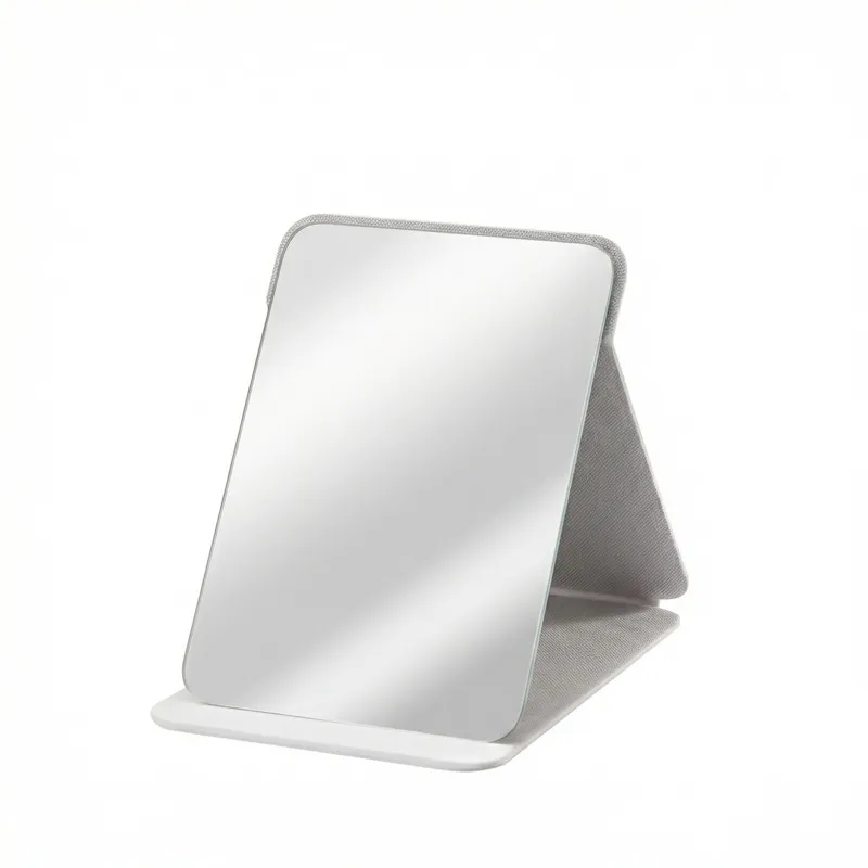 Portable Folding Makeup Mirror with Stand, Adjustable Angle, Travel Vanity Mirror, Frameless PU Leather, Round Edge Corner, Purse