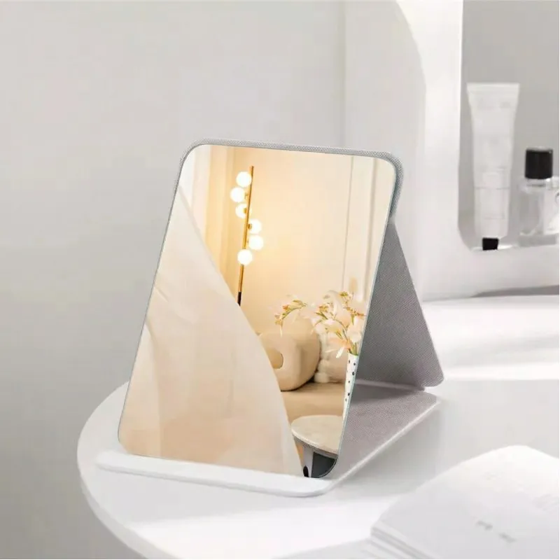 Portable Folding Makeup Mirror with Stand, Adjustable Angle, Travel Vanity Mirror, Frameless PU Leather, Round Edge Corner, Purse White XL-2