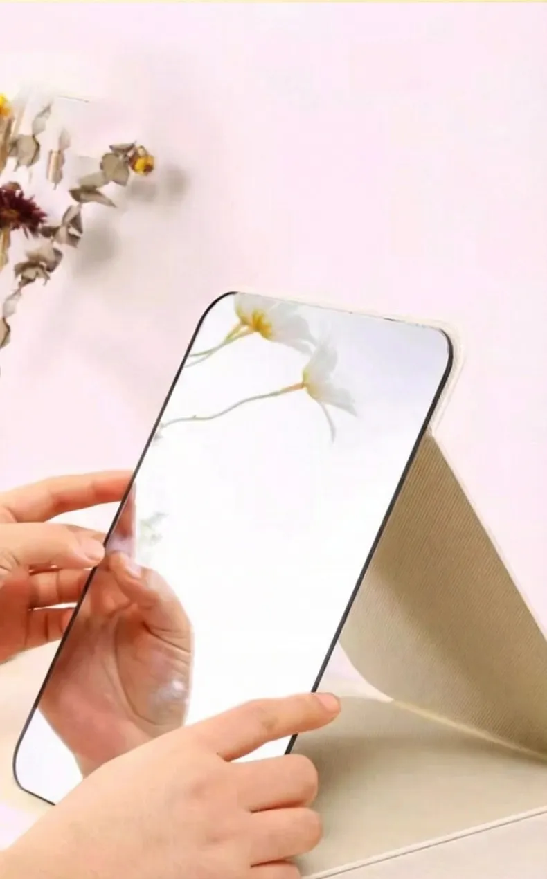 Portable Folding Makeup Mirror with Stand, Adjustable Angle, Travel Vanity Mirror, Frameless PU Leather, Round Edge Corner, Purse White XL-1