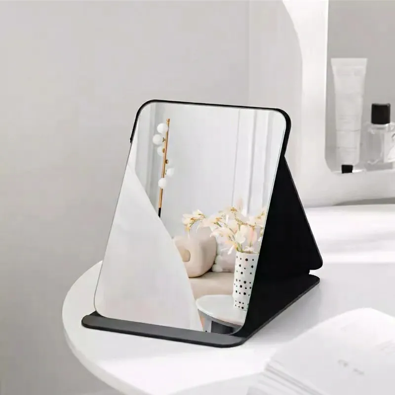 Portable Folding Makeup Mirror with Stand, Adjustable Angle, Travel Vanity Mirror, Frameless PU Leather, Round Edge Corner, Purse Black  L-2