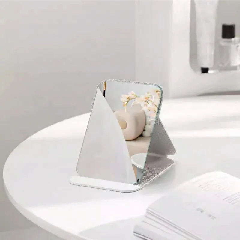 Portable Folding Makeup Mirror with Stand, Adjustable Angle, Travel Vanity Mirror, Frameless PU Leather, Round Edge Corner, Purse White M-2