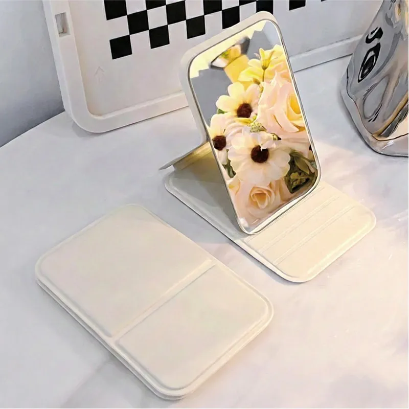 Portable folding mirror for makeup, high-definition desktop mini mirror for girls, can stand, small personal mirror Khaki S-2