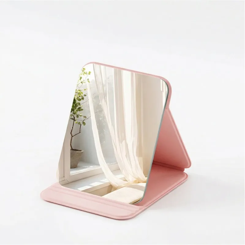 Portable folding mirror for makeup, high-definition desktop mini mirror for girls, can stand, small personal mirror Pink