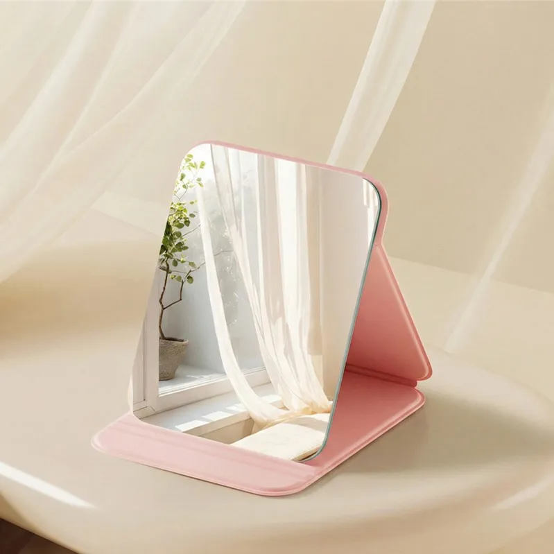 Portable folding mirror for makeup, high-definition desktop mini mirror for girls, can stand, small personal mirror Pink L-2