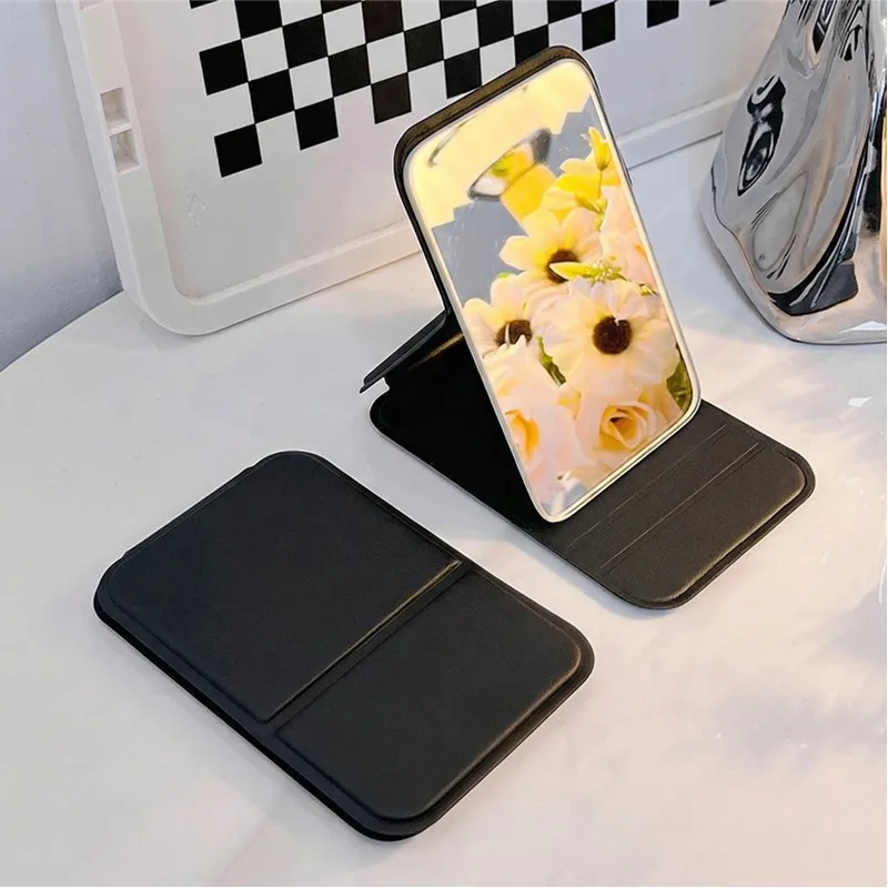 Portable folding mirror for makeup, high-definition desktop mini mirror for girls, can stand, small personal mirror Black  L-3
