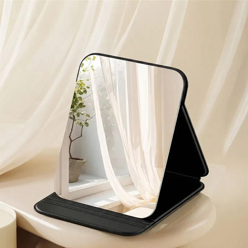 Portable folding mirror for makeup, high-definition desktop mini mirror for girls, can stand, small personal mirror Black  L-4