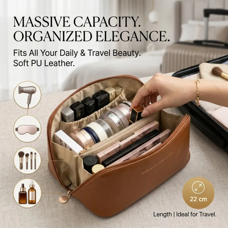 Portable Makeup Bag for Women, Ins Style Toiletry Bag, Travel Cosmetic Storage Bag, Accordion Design, Waterproof and Durable Brown-3