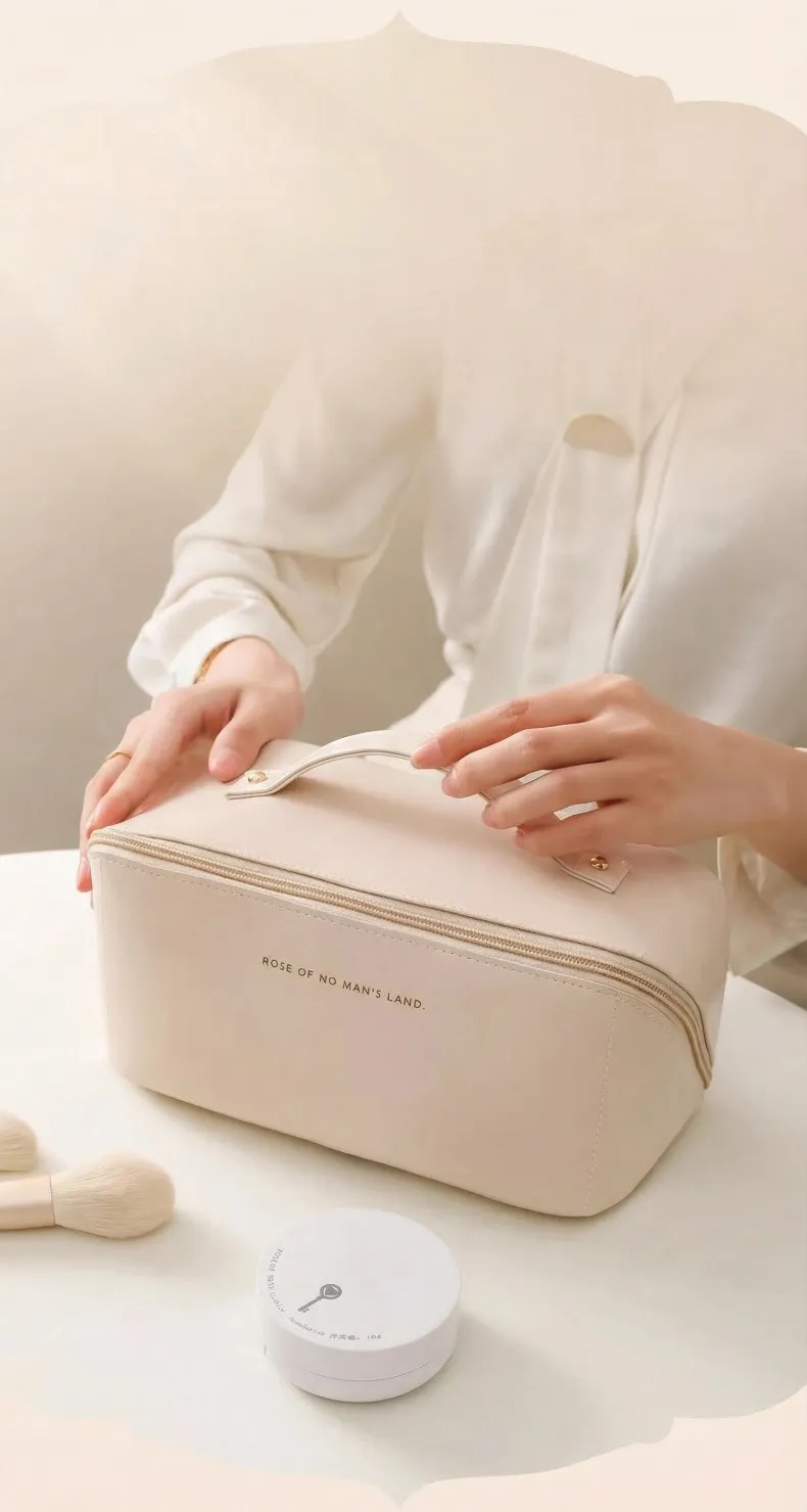 Portable Makeup Bag for Women, Ins Style Toiletry Bag, Travel Cosmetic Storage Bag, Accordion Design, Waterproof and Durable White-1