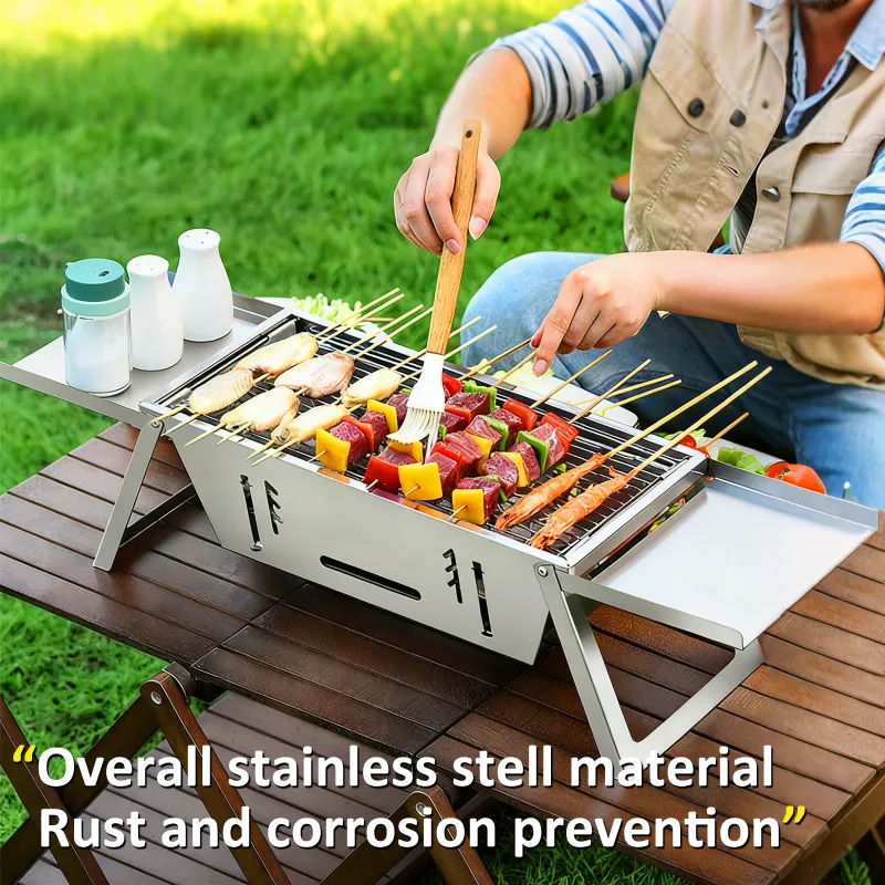 Portable Stainless Steel Barbeque Grill Set, Tandoori Grill For Home & Charcoal Grill Barbeque Stand For Outdoor Picnic Camping BBQ Silver-3