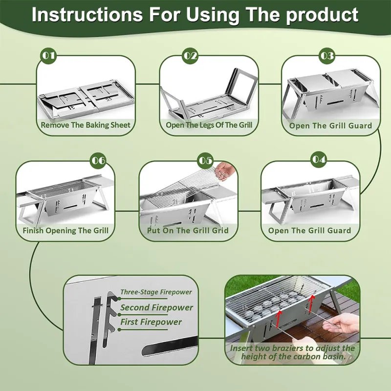 Portable Stainless Steel Barbeque Grill Set, Tandoori Grill For Home & Charcoal Grill Barbeque Stand For Outdoor Picnic Camping BBQ Silver-6