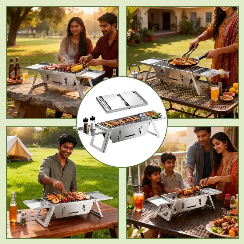Portable Stainless Steel Barbeque Grill Set, Tandoori Grill For Home & Charcoal Grill Barbeque Stand For Outdoor Picnic Camping BBQ Silver-7
