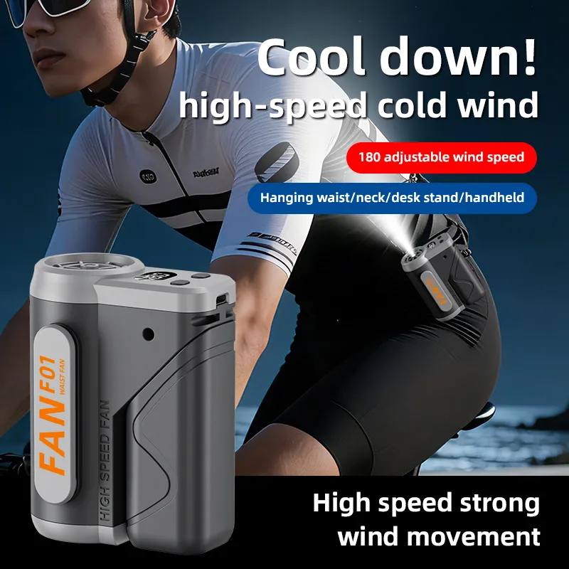 VoVoDeal F01 Portable Waist Belt Fan, 3000mAh Rechargeable 3-in-1 Hands-Free Neck & Handheld Fan, Stepless Speed Control (10-180 Levels), Built-in SOS Emergency Light for Outdoor Work, Camping & Travel Black-2