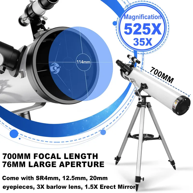 Professional Telescope for Astronomy, 76mm Large Aperture 700mm Reflector Telescope with 525X Ultra HD Zoom White-2