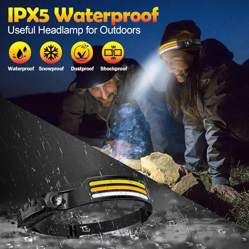 Rechargeable LED Headlamp with Motion Sensor, XPE Spotlight, 3 COB Strip Lights, 10 Lighting Modes, Hands-Free Head Torch for Outdoor Use Black-5