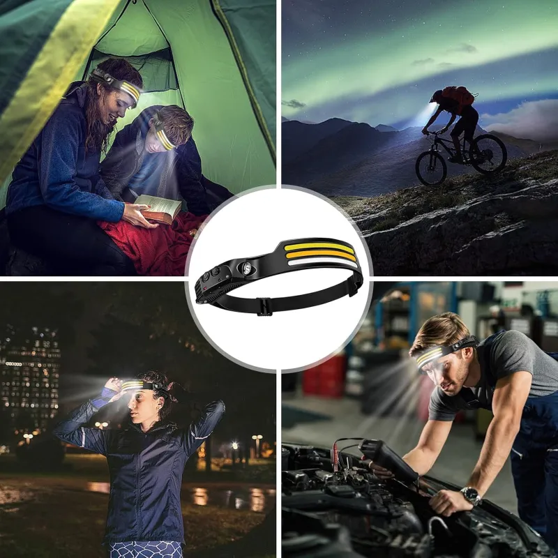 Rechargeable LED Headlamp with Motion Sensor, XPE Spotlight, 3 COB Strip Lights, 10 Lighting Modes, Hands-Free Head Torch for Outdoor Use Black-6