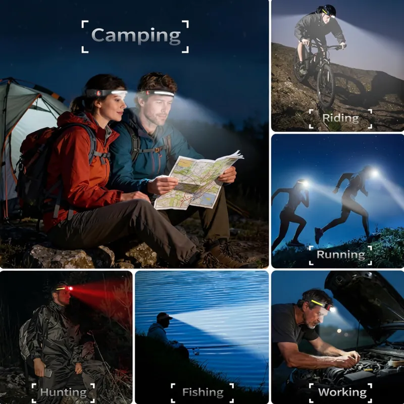 Rechargeable LED Headlamp with XPE Spotlight and COB Strip Lights, Adjustable Head Band, Hands-Free Head Torch for Outdoor Use Black-7