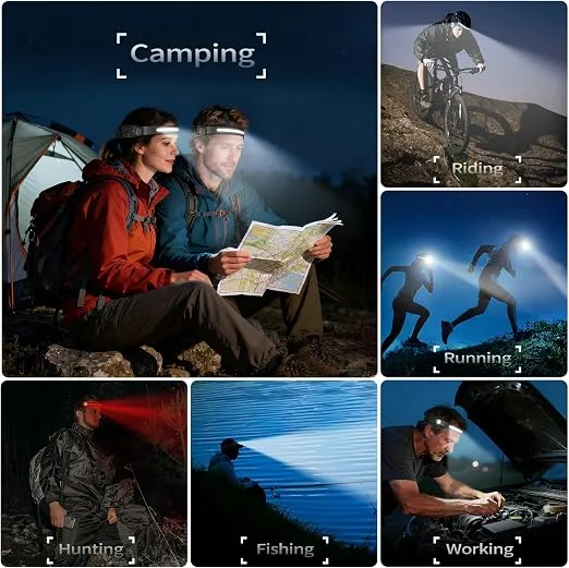 Rechargeable LED Headlamp with XPE Spotlight and COB Strip Lights, Adjustable Head Band, Hands-Free Head Torch for Outdoor Use Black-8