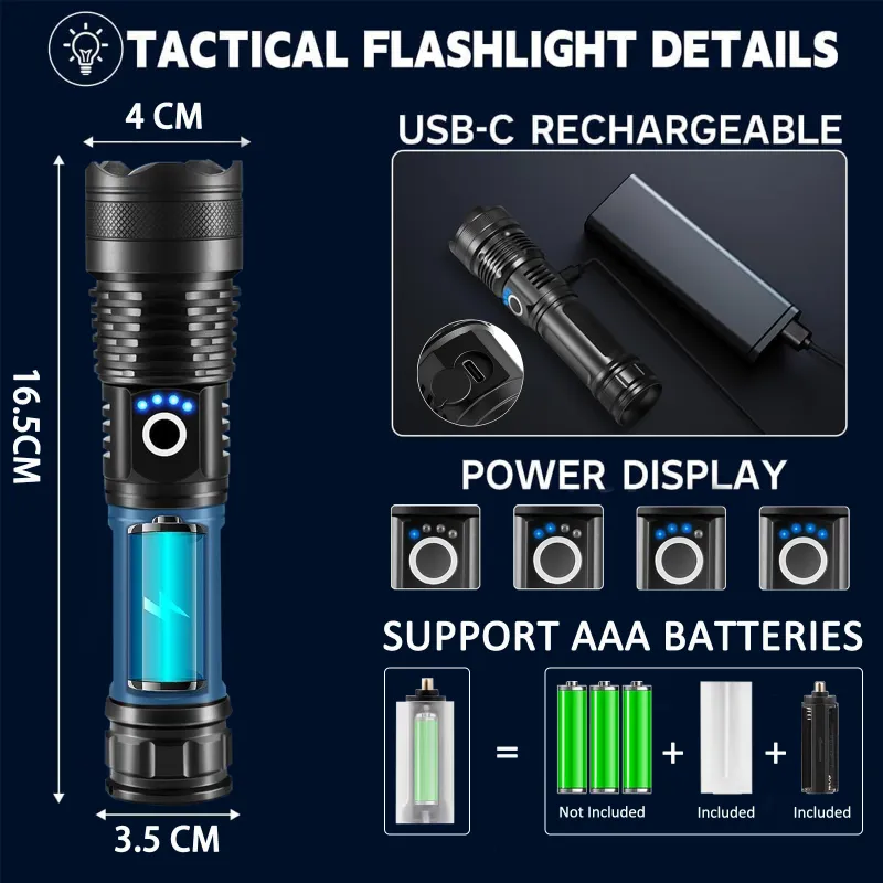 Rechargeable Torch Light High Power, LED Torchlight 10000 Lumens with USB Charging, Powerful Tactical Super Bright Flashlight Black-4