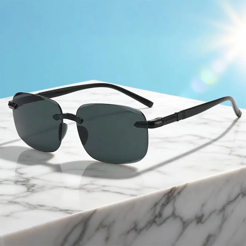 Retro Sunglasses for Men Women | Rimless Rectangular Sunglasses | Polarized & 100% UV Protected | Goggles | Shades Black-3