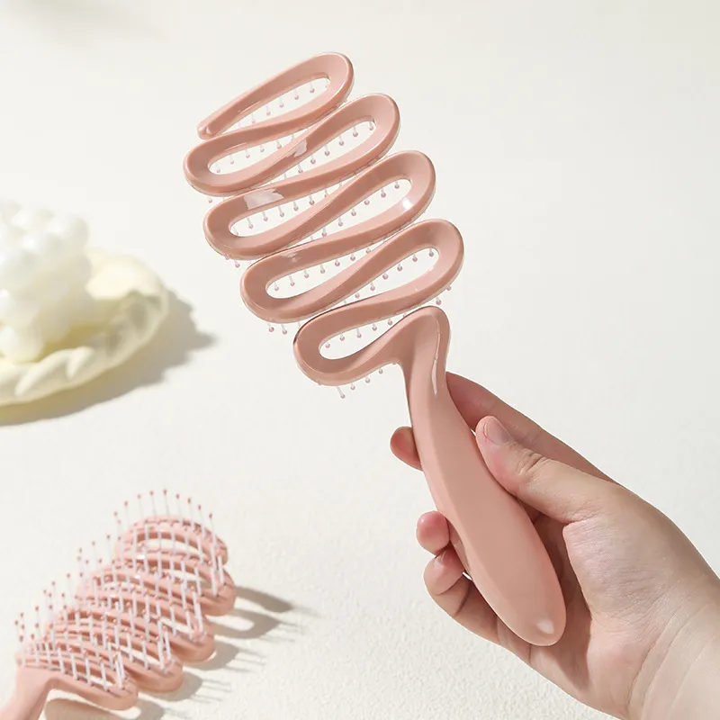 Ribbon-shaped hollow massage comb for women, scalp massaging comb, meridian comb, tangle-free smooth hair care comb, rib-style comb Pink L-2