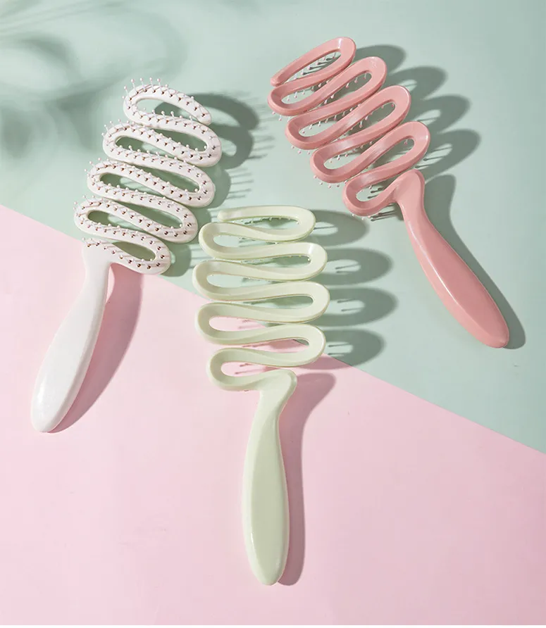 Ribbon-shaped hollow massage comb for women, scalp massaging comb, meridian comb, tangle-free smooth hair care comb, rib-style comb Pink L-2