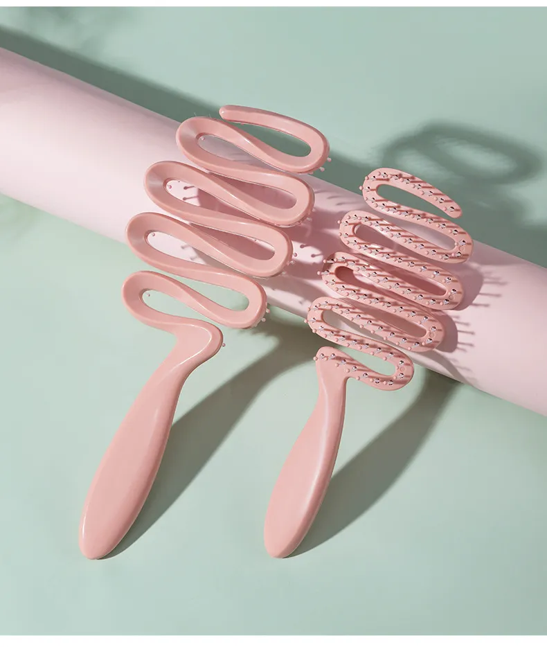 Ribbon-shaped hollow massage comb for women, scalp massaging comb, meridian comb, tangle-free smooth hair care comb, rib-style comb Pink L-4