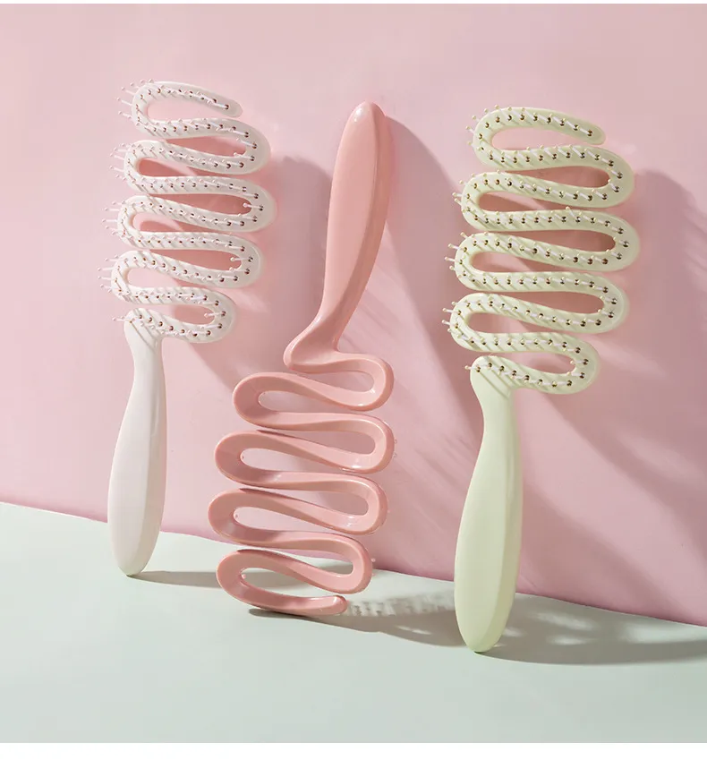 Ribbon-shaped hollow massage comb for women, scalp massaging comb, meridian comb, tangle-free smooth hair care comb, rib-style comb Pink L-5