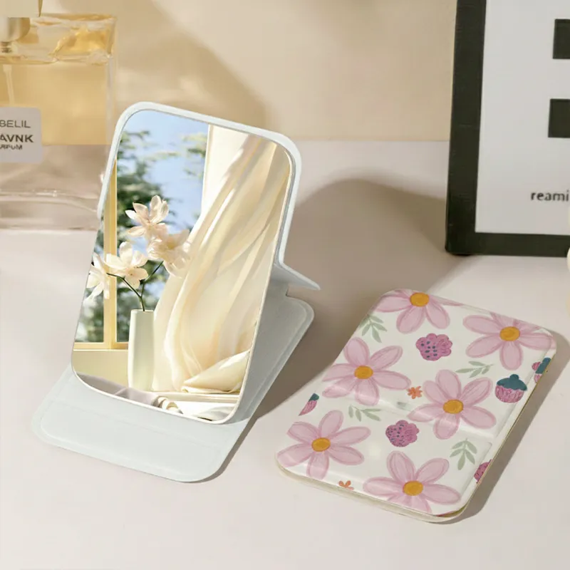 Small portable mirror for women, desktop stand-up makeup mirror, mini folding handheld vanity mirror Pink S-5